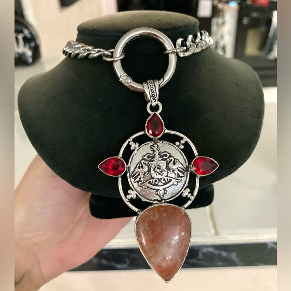925 Sterling silver overlay orange brown agate & red garnet stones boho necklace - Picture 5 of 15